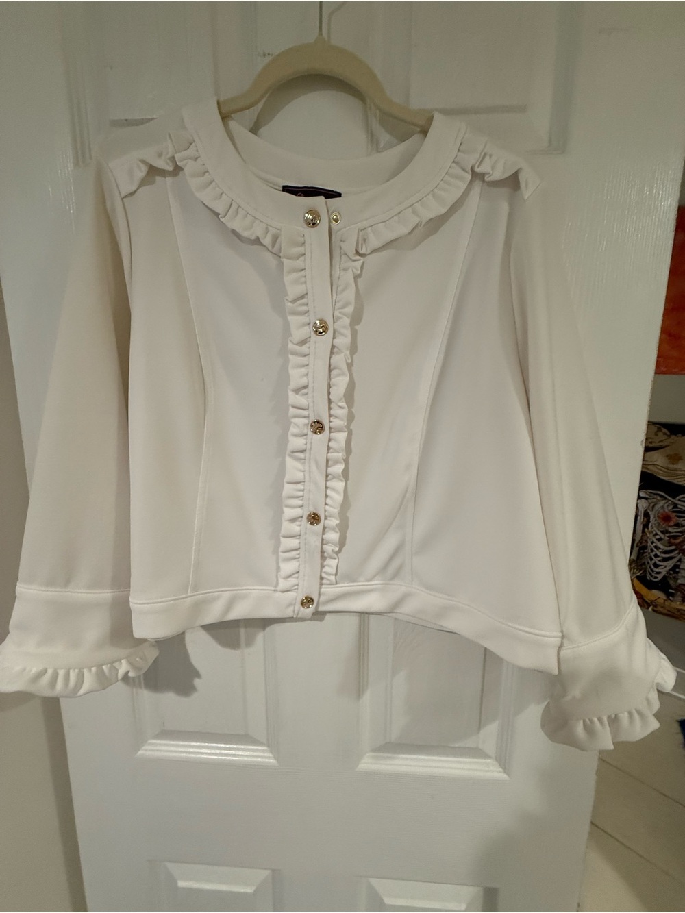 Ruffle-Trim White Button-Front Blouse